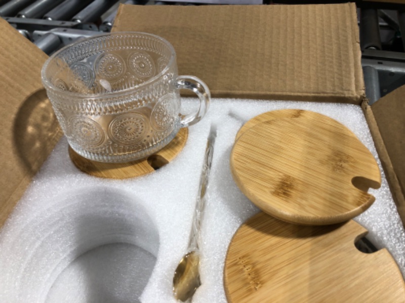 Photo 3 of 4pcs Set Vintage Coffee Mugs, Overnight Oats Containers with Bamboo Lids and Spoons - 14oz Clear Embossed Glass Cups, Cute Coffee Bar Accessories, Iced Coffee Glasses, Ideal for Cappuccino, Tea, Latte