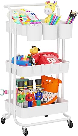 Photo 1 of LEHOM 3-Tier Rolling Utility Cart with Hanging Cups & Hooks & Handle, Multifunctional Art Cart Organizer Storage with Wheels, Easy Assembly for Office, Bedroom, Kitchen, Bathroom, Laundry (White)