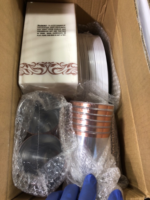 Photo 1 of 700 Piece Rose Gold Dinnerware Set-200 Gold Plastic Plates-300 Rose Gold Plastic Silverware-100 Rose Gold Plastic Cups-100 Disposable Hand Towel-Disposable Dinnerware for Halloween, Thanksgiving