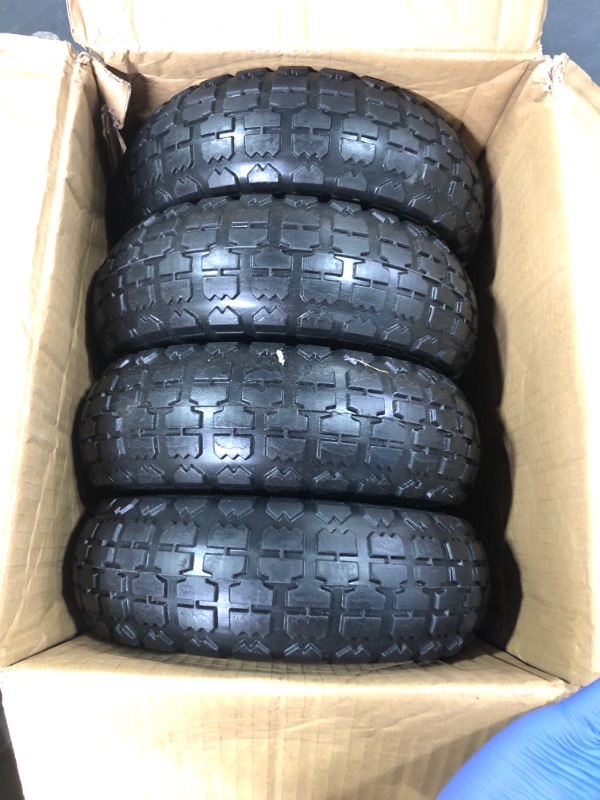 Photo 2 of 4 Pcs 10" Flat Free Tires Solid Non-inflated Tires Wheels, 4.10/3.50-4 Tire with 5/8 Ball Bearings, 2.24" Offset Hub for Wheelbarrow, Garden Wagon Carts, Trolley, Hand Truck, Various Tool Carts 4Pcs 10In 4.10/3.50-4