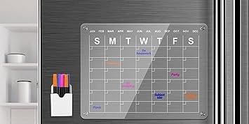 Photo 1 of Magnetic Acrylic Calendar for Fridge, Transparent Dry Erase Board Monthly for Refrigerator Reusable Plan Board, Including 6 Dry Erase Markers 3 Colors/Pen Holder/Towel
