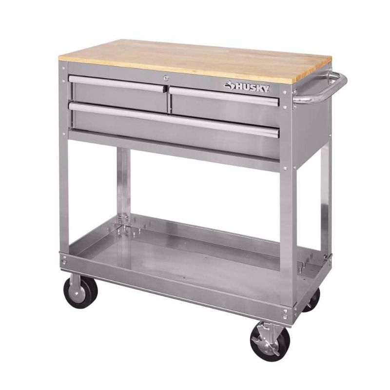 Photo 1 of 36 in. 3-Drawer with Solid Wood Top, Stainless Steel Utility Cart
