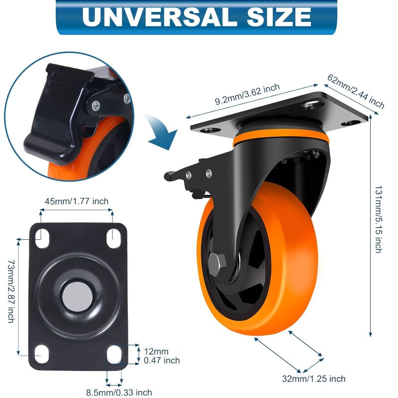 Photo 1 of 4 Inch Caster Wheels, Casters Set of 4, Heavy Duty Casters with Brake 2200 Lbs, Locking Industrial Swivel Top Plate Casters Wheels for Furniture and Workbench Cart(Two Hardware Kits Include) Orange 4 Inch