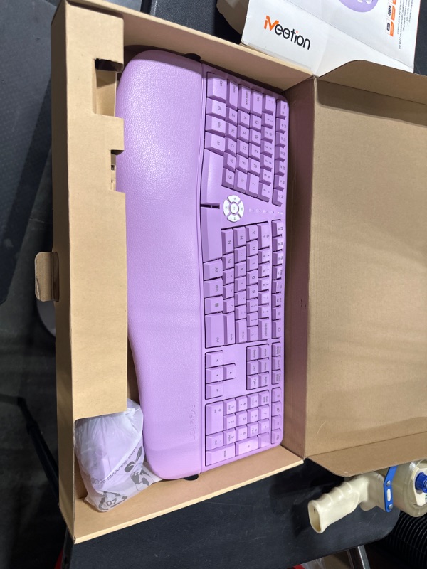 Photo 3 of MEETION Ergonomic Wireless Keyboard and Mouse, Ergo Keyboard with Vertical Mouse, Split Keyboard Cushioned Wrist Palm Rest Natural Typing Rechargeable Full Size, Windows/Mac/Computer/Laptop,Purple Large Purple