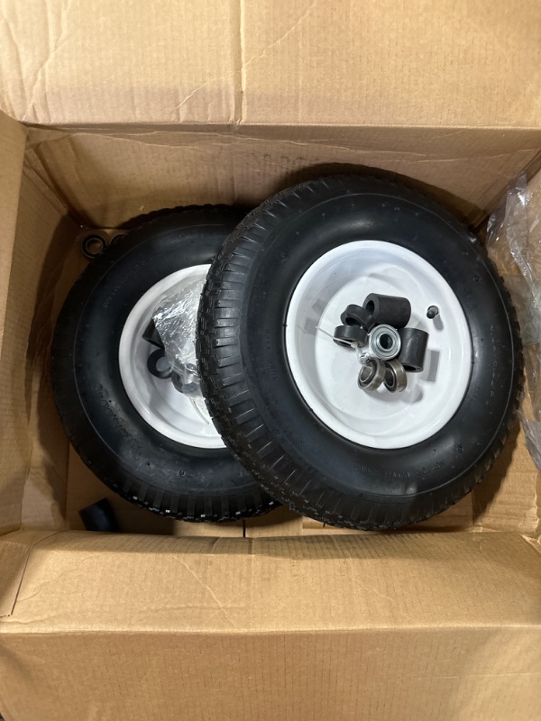 Photo 3 of 4.80/4.00-8" Pneumatic Wheelbarrow Wheel and Tires with 2" Center Hub and 5/8" Bearings, 4.80 4.00-8 Tire and Wheels for Wheelbarrow and Yard Cart Garden Wagon (2-Pack) 2 White