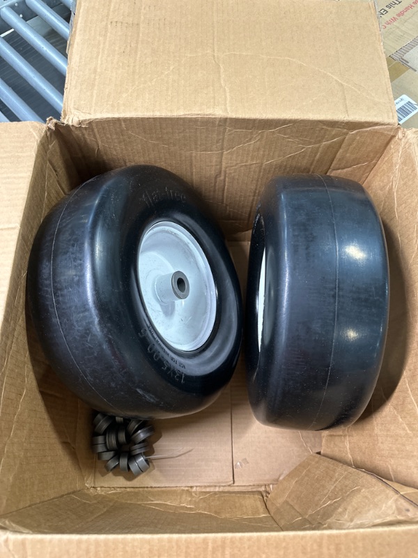 Photo 3 of 2 PCS Upgrade 13x5.00-6" Flat Free Lawn Mower Smooth Tire, Commercial Grade Lawn and Garden Mower Turf Replacement Solid Tire and Wheel with Steel Rim, 3/4" Grease Bushing and 3.25"-5.9" Centered Hub