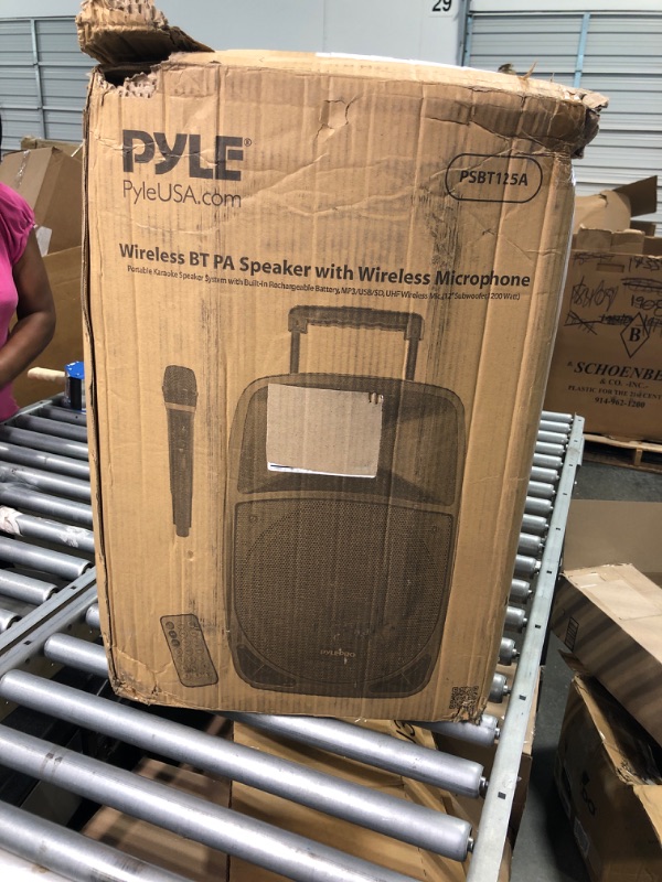 Photo 1 of 1200W Portable Bluetooth PA Speaker - 12’’ Subwoofer, LED Battery Indicator Lights W/Built-In Rechargeable Battery, MP3/USB/SD Card Reader, and UHF Wireless Microphone - Pyle PSBT125A