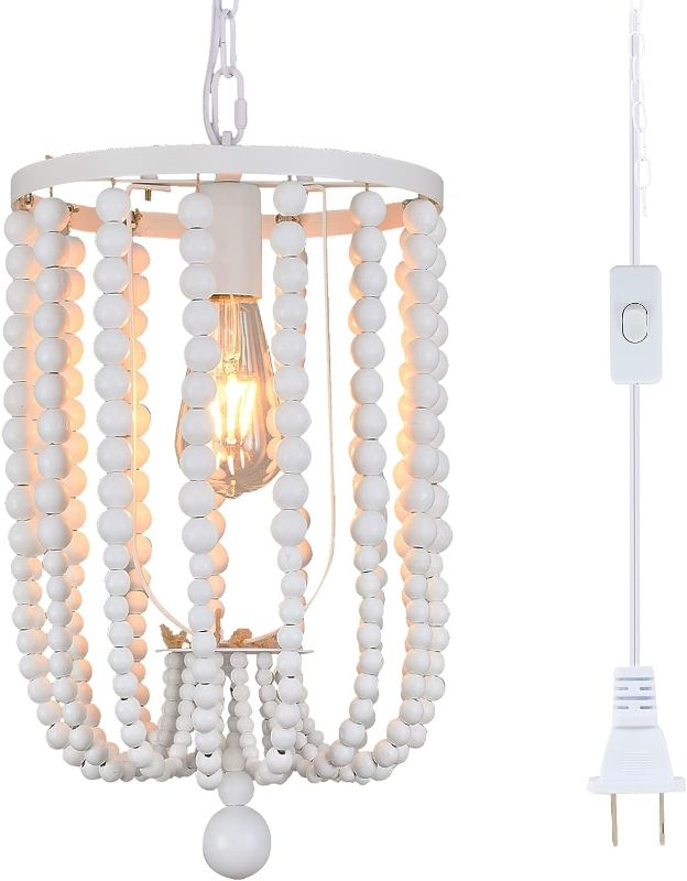 Photo 1 of 
KLOSM Bohemian Plug in Pendant Light with Cord & Chain, Non-Dimmable Wood Beads Hanging Lamp, Boho White Wood Beaded Pendant Lighting Fixture for...