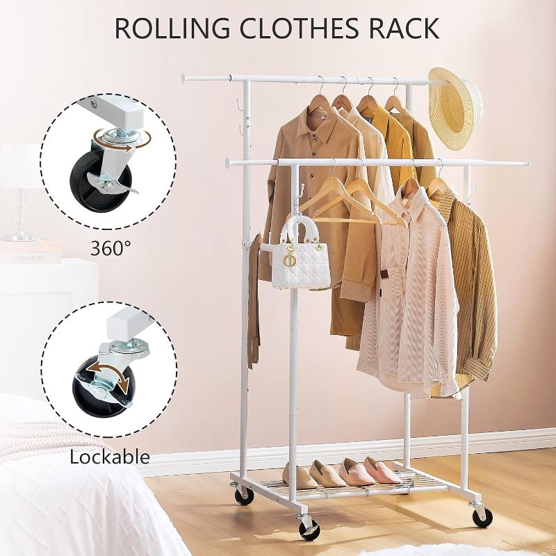 Photo 1 of 
Gewudraw Double Rod Garment Rack, Heavy Duty Clothes Rack, Metal Clothing Garment Rack with Wheels, Shelves and Hooks, Rolling Clothes Rack Freestanding
