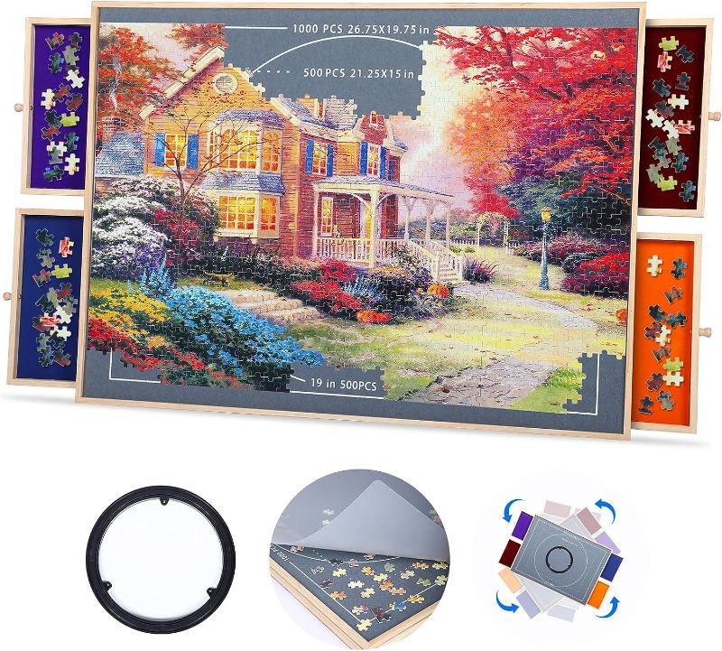 Photo 2 of 1000 Piece Wooden Jigsaw Puzzle Board - 4 Drawers, Rotating Puzzle Table | 30” X 22” Jigsaw Puzzle Table | Puzzle Cover Included - Portable Puzzle Tables for Adults and Kids by Beyond Innoventions