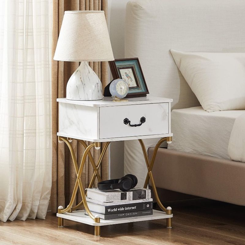 Photo 1 of 
Modern Nightstand with 1-Drawer and Storage Shelf X-Design End Side Table White Contemporary Vintage MDF Metal Finish Includes Hardware