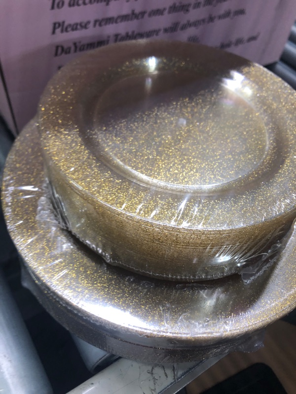 Photo 2 of 120PCS Gold Plastic Plates, Disposable Gold Glitter Plates, Heavy Duty 60pcs 10.25" Dinner Plates and 60pcs 7.5" Disposable Dessert Plates, Disposable Plates for Party, Holiday, Wedding