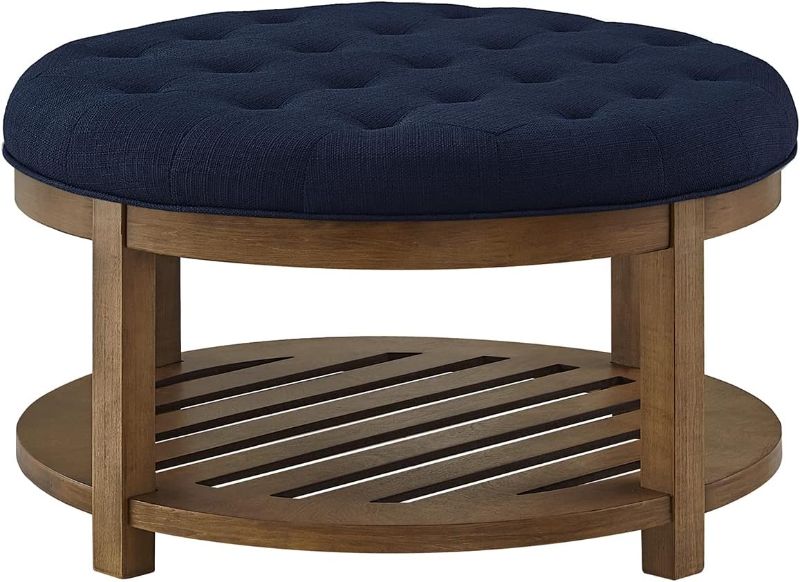 Photo 2 of 24KF Large Round Upholstered Tufted Linen Ottoman Coffee Table, Large Footrest Ottoman with Wood Shelf Storage- Navy Blue Round Ottoman with Shelf Navy Blue Ottoman With Shelf