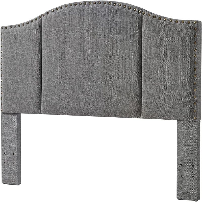 Photo 2 of 24KF Middle Century Linen Upholstered Tufted Queen Size Headboard with Antique Brass Nail Heads Trim Queen/Full headboard-Granite Queen/Full Granite-gray