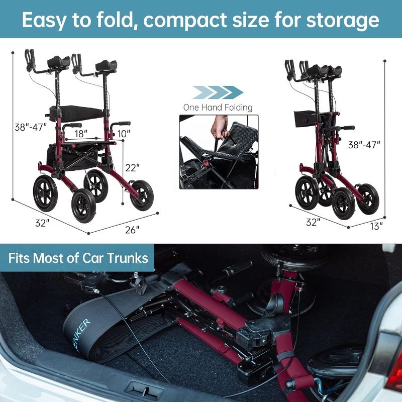 Photo 1 of ELENKER All-Terrain Upright Rollator Walker, Stand Up Rolling Walker with Non-Pneumatic Tire 12” Front Wheels, Compact Folding for Seniors, red