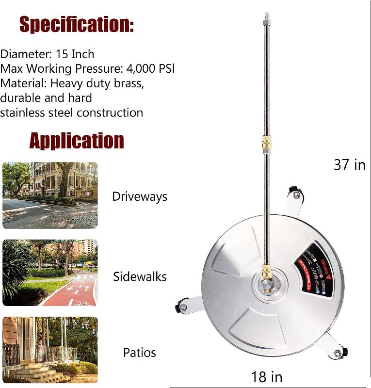 Photo 2 of Biswing 15" Pressure Washer Stainless Steel Surface Cleaner with 3 Wheels & 1/4" Quick Connector, Power Washer Attachment with 2 Extension Wand, 2 610180