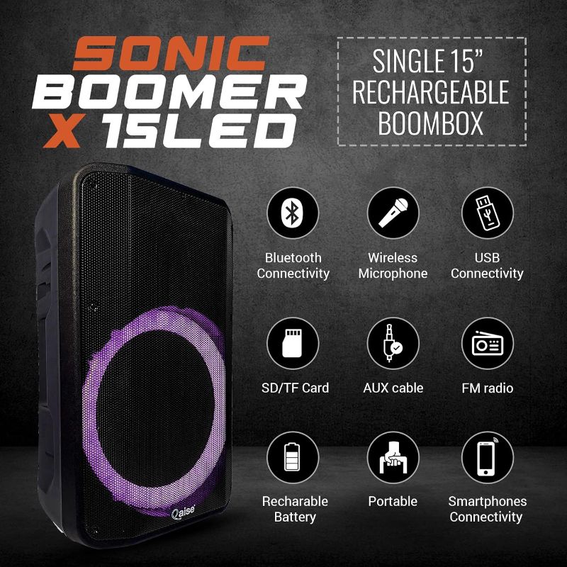 Photo 2 of QAISE Professional Portable Bluetooth Party Boombox & Karaoke Machine, Portable PA System with Wireless Mic - Party Box Speaker with Premium Sound Profile, RGB Lights, & 7h Play time 15" 5500 Watts SB-1500