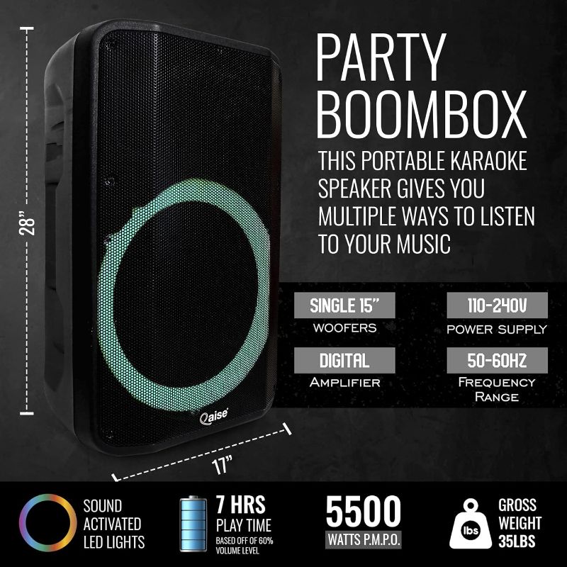 Photo 4 of QAISE Professional Portable Bluetooth Party Boombox & Karaoke Machine, Portable PA System with Wireless Mic - Party Box Speaker with Premium Sound Profile, RGB Lights, & 7h Play time 15" 5500 Watts SB-1500