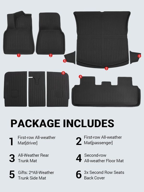 Photo 4 of BASENOR 9PCS Tesla Model Y Floor Mats 3D Full Set Interior Liners All-Weather Anti-Slip Waterproof Trunk Mat Second Row Seats Back Cover Protector Mat Accessories Model Y 9PCS