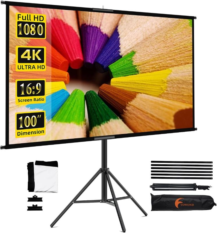 Photo 1 of Projector Screen and Stand
Projector Screen with Stand,Towond 100 inch Indoor Outdoor Projection Screen, Portable 16:9 4K HD Movie Screen with Carry Bag Wrinkle-Free Design for Home...