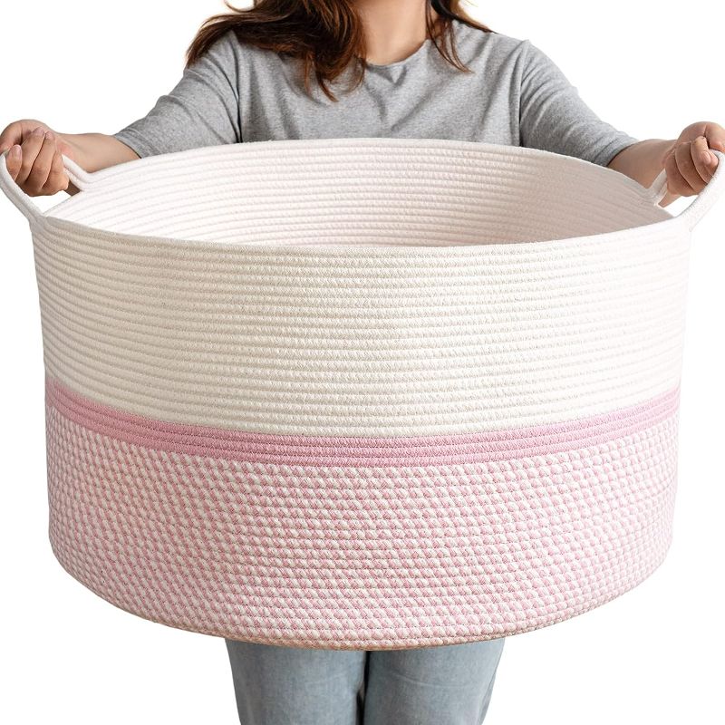 Photo 1 of 
CHICVITA Extra Large Cotton Rope Woven Basket, XXL Throw Blanket Storage Basket with Handles, Pink Decorative Clothes Hamper - 22" x 22" x 14"