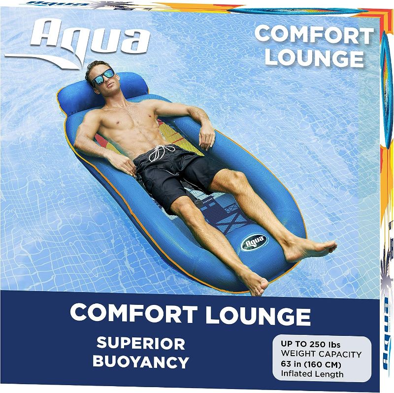 Photo 1 of 
Aqua Comfort Pool Float Lounge  –  Inflatable Pool Floats for Adults with Headrest and Footrest – Blue/Orange Surfer Sunset