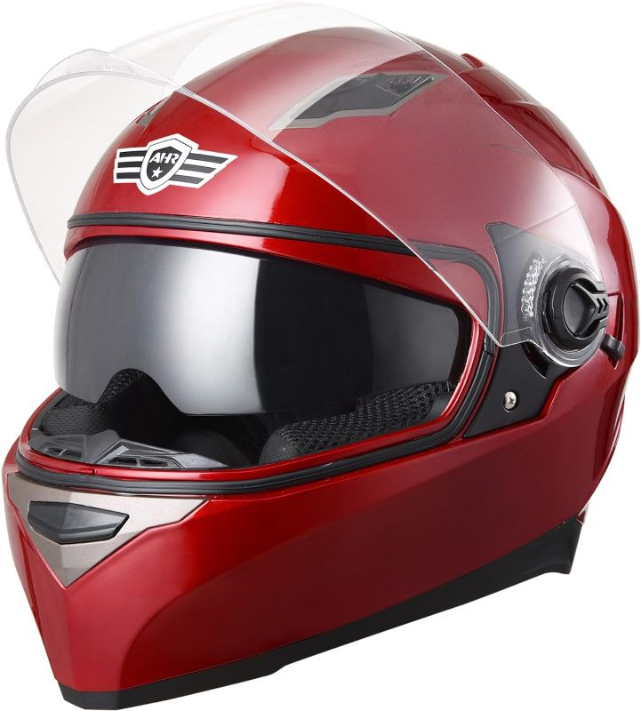 Photo 1 of AHR Motorcycle Full Face Helmet Dual Visor Street Bike Lightweight DOT Approved Helmet Snowmobile Touring Sports for Adult Run-F red Small