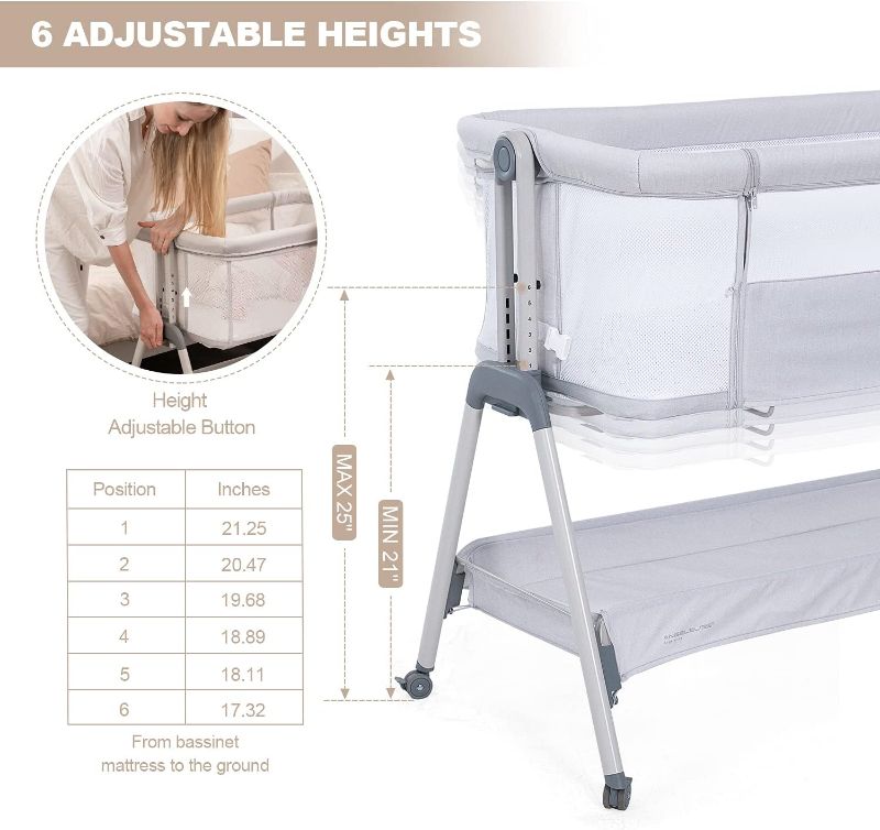 Photo 3 of ANGELBLISS Baby Bassinet Bedside Sleeper, Easy Folding Portable Bassinet for Baby with Wheels, Adjustable Height, Included Mattress