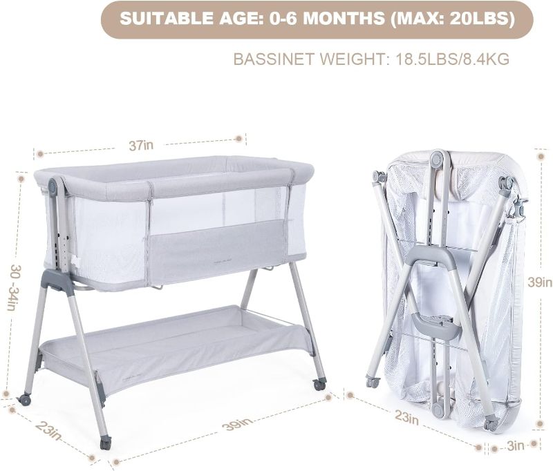 Photo 2 of ANGELBLISS Baby Bassinet Bedside Sleeper, Easy Folding Portable Bassinet for Baby with Wheels, Adjustable Height, Included Mattress