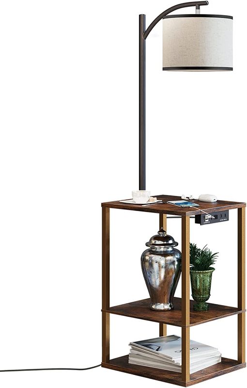 Photo 5 of 
SUNMORY Rustic End Table Lamp with Table, Shelves, Charging Station(USB & AC Port) 3-Color Temperature LED Bulb For Floor, Living Room &, Bedroom(Brown)