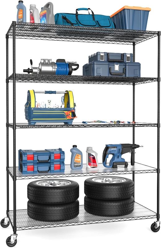 Photo 1 of 5 Tier NSF Wire Shelf Shelving Unit, 24 x 60 x 82 Inch 7500lbs Capacity Heavy Duty Adjustable Storage Metal Rack with Wheels/Leveling Feet & Shelf Liners, Ideal for Garage, Kitchen, and More - Black