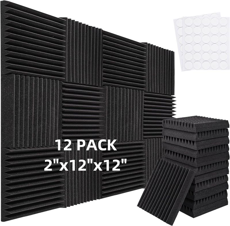 Photo 1 of 
Acoustic Foam Panels - Pack of 12 Flame Retardant Sound Proof Foam Panels for Walls Ceilings Reduces Reverb Echo 12” x 12” x 2” Sound Insulation Wedge Noise...