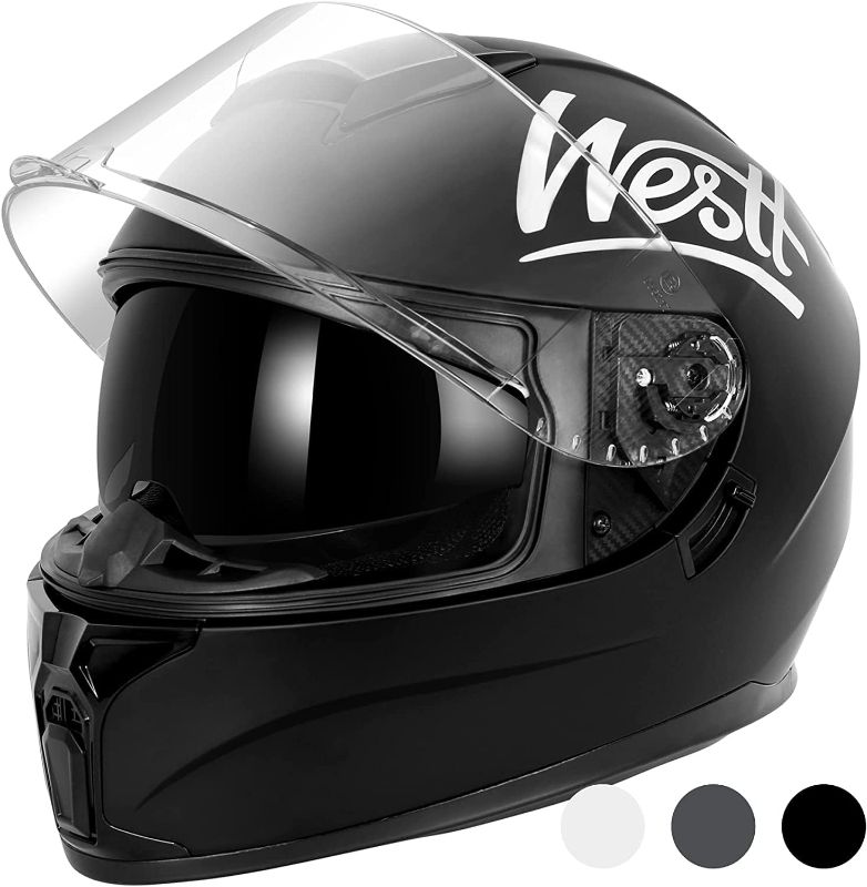 Photo 1 of 
Westt Full Face Helmet - Street Bike Helmet with Dual Visor DOT Approved - Motorcycle Helmets for Men Women Adults Compact Lightweight Storm X Grey Black White