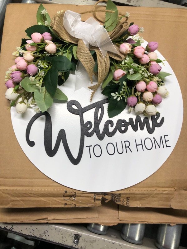 Photo 3 of 3D spring summer Welcome wreaths for front door, Wood Door Hanger,floral porch decor,Wall plaque,mother's day gift,pink flower wreath,farmhouse white welcome sign for front door-13"