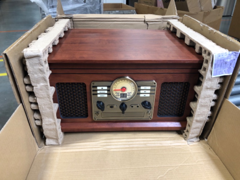 Photo 3 of Victrola Nostalgic 6-in-1 Bluetooth Record Player & Multimedia Center with Built-in Speakers - 3-Speed Turntable, CD & Cassette Player, FM Radio | Wireless Music Streaming | Mahogany Mahogany Entertainment Center