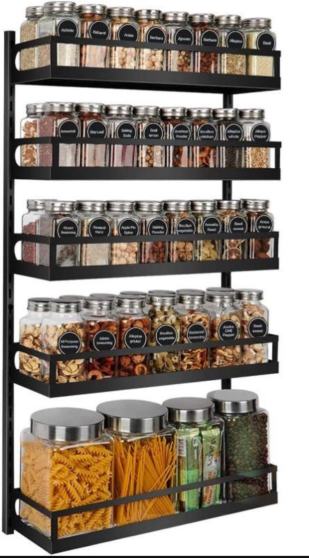 Photo 1 of X-cosrack Wall Mount Spice Rack Organizer 5 Tier Height-Adjustable Hanging Spice Shelf Storage for Kitchen Pantry Cabinet Door, Dual-Use Seasoning Holder Rack with Hooks, Black-Patented