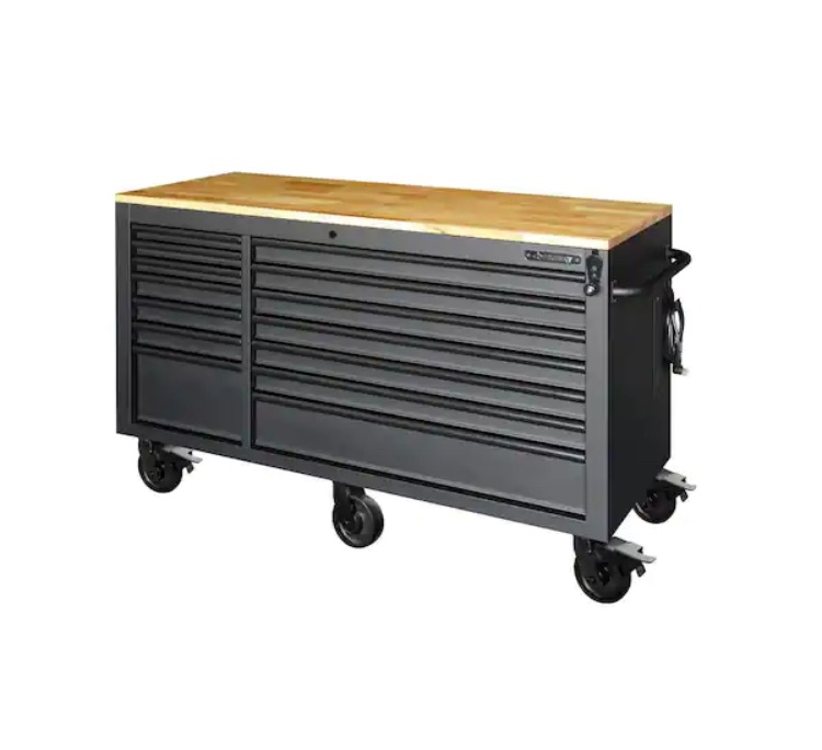 Photo 1 of 62 in. W x 24 in. D Heavy Duty 14-Drawer Mobile Workbench Cabinet with Adjustable Height Wood Top in Matte Black