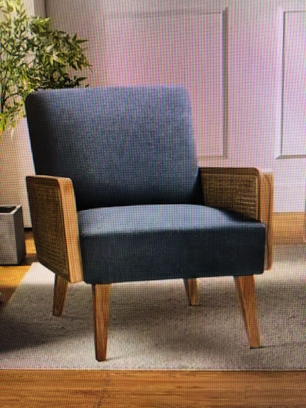 Photo 1 of Delphine Modern Bluen Accent Chair with Rattan Armrest and Wood Legs for Living Room and Bedroom 