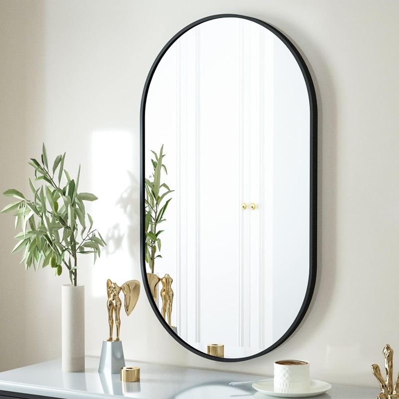 Photo 1 of 17" x 30"Oval Bathroom Mirror Wall Mounted Chic Brushed Metal Frame Hang Vertically & Horizontally Perfect Modern Decor for