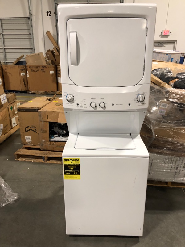 Photo 2 of GE GUD27ESSMWW Unitized Spacemaker 3.8 Washer with Stainless Steel Basket and 5.9 Cu. Ft. Capacity Electric Dryer, White