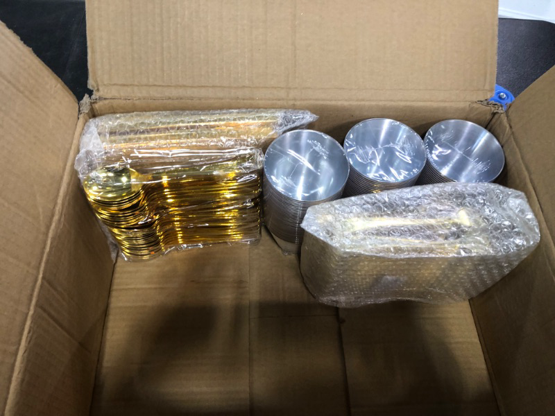 Photo 1 of 600 Piece Disposable Plastic Gold Dinnerware Set – 200 White and Gold Plates – Set of 300 Gold Silverware – 100 Gold Cups for Party or Wedding up to 100 Guests 100 Guest Set Gold