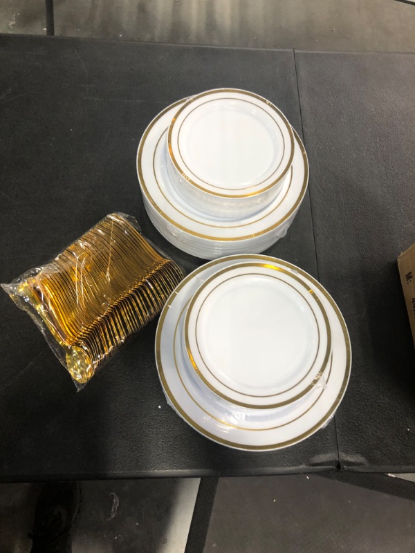 Photo 1 of 600 Piece Disposable Plastic Gold Dinnerware Set – 200 White and Gold Plates – Set of 300 Gold Silverware – 100 Gold Cups for Party or Wedding up to 100 Guests 100 Guest Set Gold