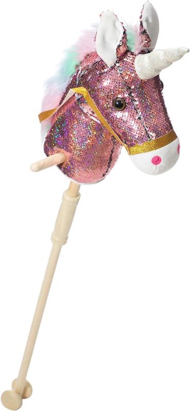 Photo 1 of HollyHOME Sequin Unicorn Stick Horse with Wood Wheels Real Pony Neighing and Galloping Sounds Plush Unicorn Toy Pink 36 Inches(AA Batteries Required)
