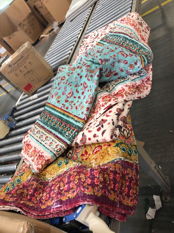 Photo 1 of Boho Style Queen Quilt Set Reversible Bohemian Floral Strip Quilt Beddding Set, Soft and Lightweight Bedspread for All Season, Full Size Bed Coverlet with 2 Matching Pillow Shams (3 Pieces) Mustard Floral Full/Queen