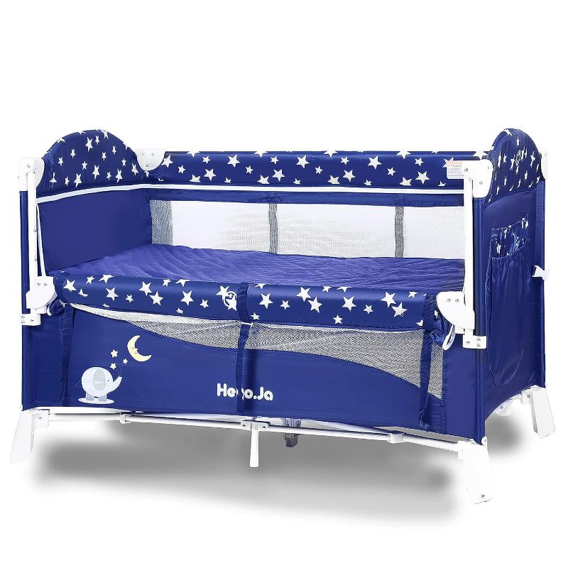 Photo 1 of Heyo.Ja Portable Baby Playard, 4 in 1 Convertible Pack and Play with Bassinet, Nursery Center with Comfortable Mattress, 5 Height Adjustable Bedside Crib, Starry Sky Fence (Navy)
