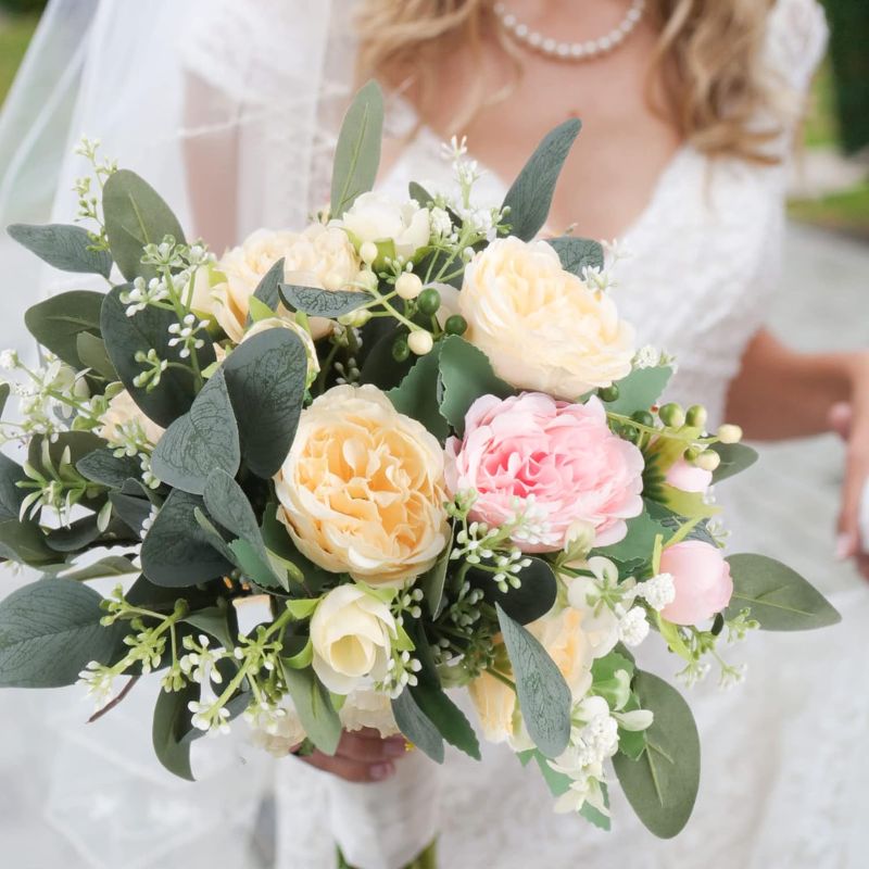 Photo 1 of  Fake Eucalyptus Leaves Stems 14.2" Tall Silver Dollar Artificial Greenery Stems for Home Wedding Decor Faux Eucalyptus Plant Bride Bouquet Vase Floral Arrangement (Grey Green with Seeds)