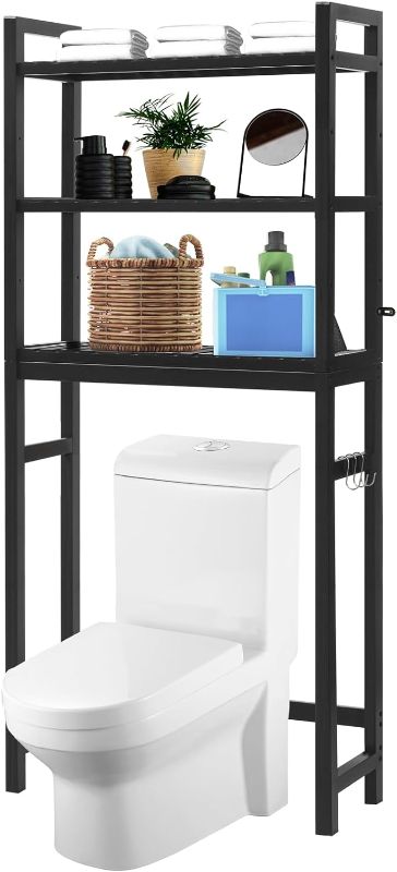 Photo 1 of  Over The Toilet Storage Cabinet, Bamboo Adjustable 3-Tier Above Toilet Shelf, Stable Freestanding Above Toilet Organizer with 3 Hooks for Bathroom Restroom Laundry Balcony, Black 67" H