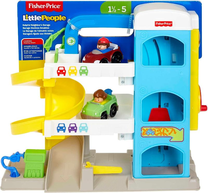 Photo 1 of Fisher-Price Little People Toddler Toy Helpful Neighbor's Garage Playset with Spiral Ramp and 2 Wheelies Cars for Ages 18+ Months