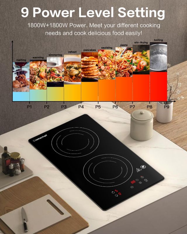 Photo 1 of 
AMZCHEF Electric Induction Cooktop 2 Burners,12" Electric Stove Top with Plug 1800W, 120V, 9 Power Levels, Child lock, Timer, Touch Control, Induction...