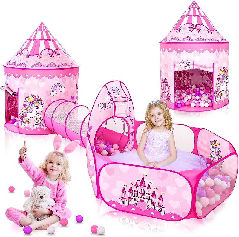 Photo 1 of GeerWest 3PC Princess Tent for Girls with Kids Ball Pit and Crawl Tunnel for Toddlers, Pink Pop Up Playhouse Toys Indoor& Outdoor for Birthday Gifts